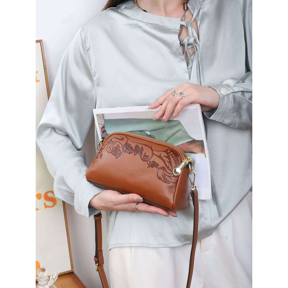 2023 New Emed Square Cowhide Handbag Crossbody Small Bag Multiple Compartments Straight Hair