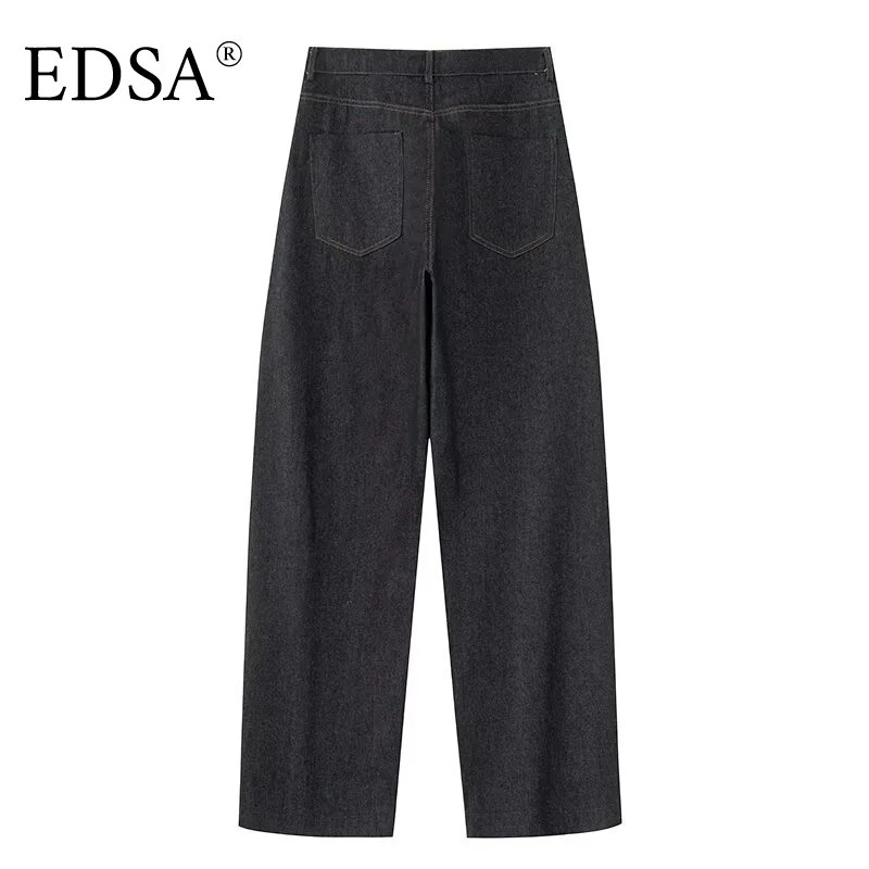 EDSA Womens Dark Blue Jeans Straight Leg Casual Denim Pants Four Seasons Street Clothing 250407