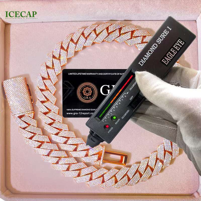 Hot Moissanite Chain Miami Cuban Link Necklace Men Hip Hop 925 Silver Rose Gold Plated 20mm Moissanite Cuban Link Chain Men