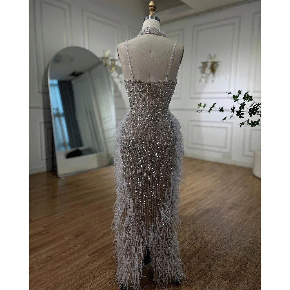 White nude mermaid spaghetti strap beaded feather evening dress dance dress womens wedding party LA72047 customization 250402