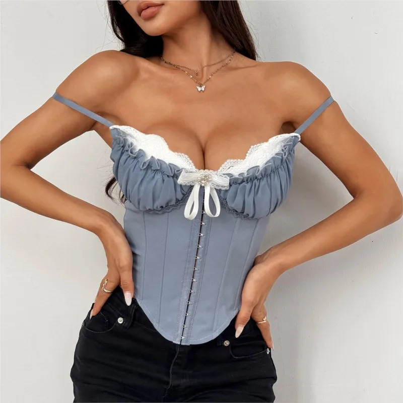 Women Lace Bustier Corset Tops Sexy Fish Boned Sheer Spaghetti Straps Y2K Going Out Night Club Party Tops With Buckle 250407