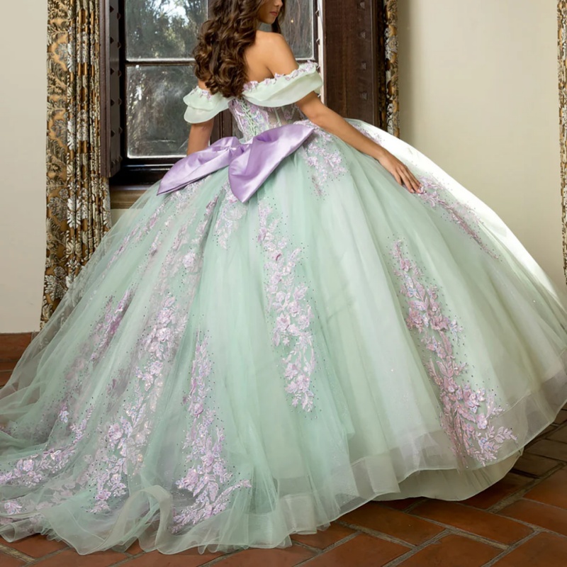 Green Quinceanera Dresses Off Shoulder Ball Gown Sweet 16 Dress Applique Bow Beads Tull Corset Birthday Party Vestidos 15 De Anos