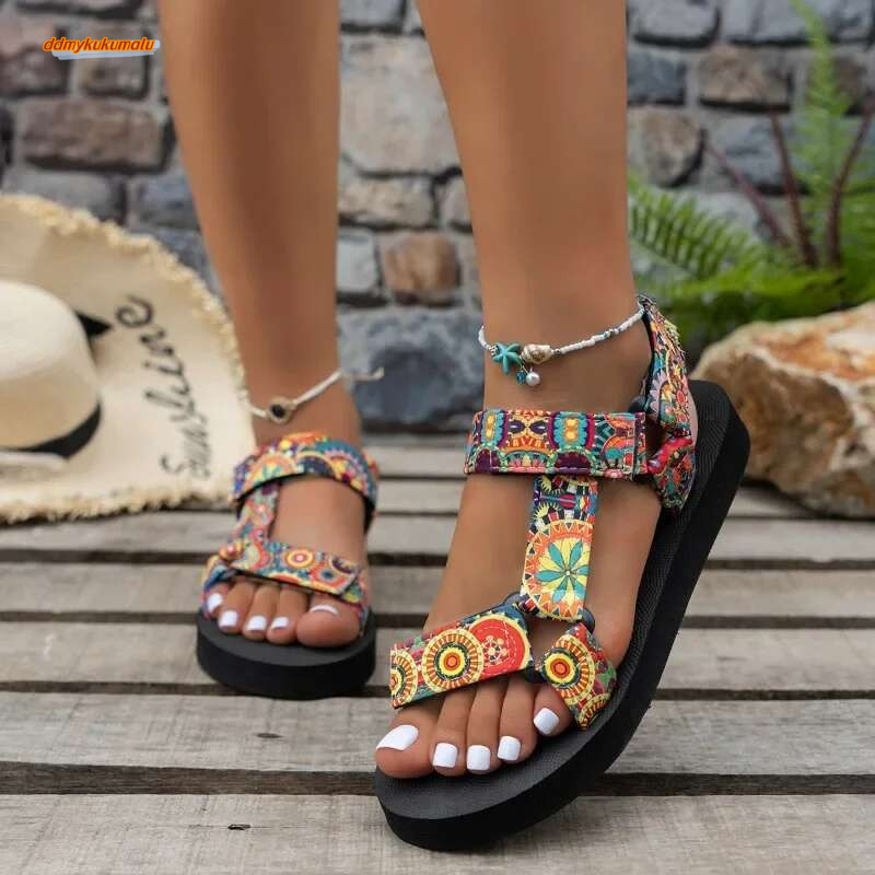 Shoes 2024 Open Toe Women's Summer Bohemian Mixed Color Soft Sole Lightweight Casual Comfortable Flat Sandals ddmykukumalu