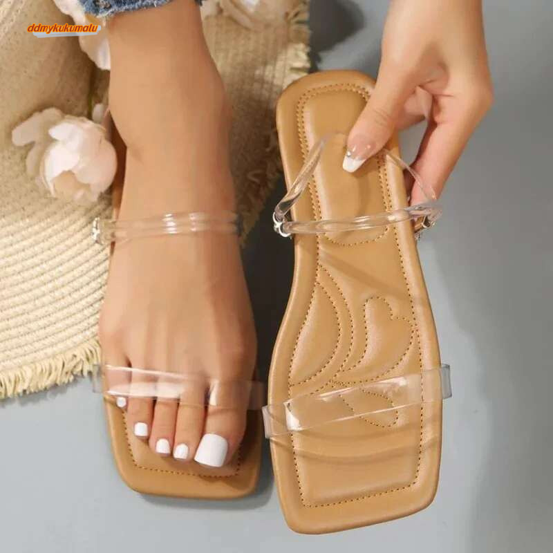 2024 New Women's Slippers Fashion Summer PVC Transparent Open Toe Sexy Square Head Large Casual Flat Sandals 35-42 ddmykukumalu