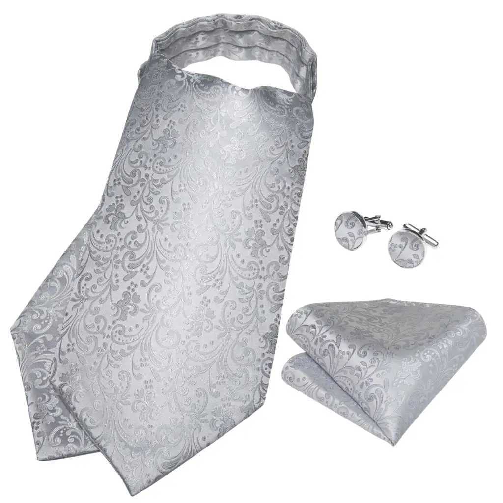 Men Luxury Silver Paisley Silk Ascot Tie Set Wedding Party Cravat White Ties Handkerchief Cufflinks Necktie Ring Sets DiBanGu X250407