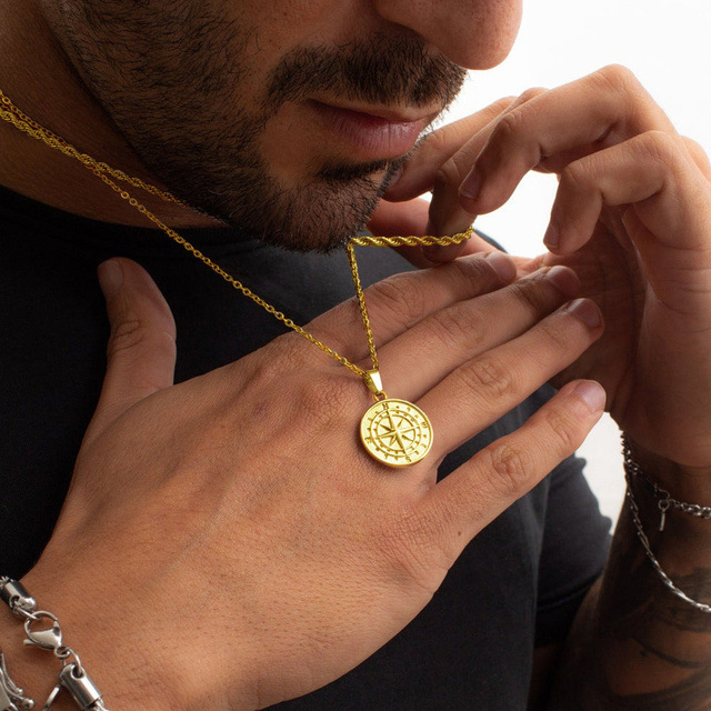 Hormones men's necklace, compass, travel and saig pendant, double-layer chain, give to friends