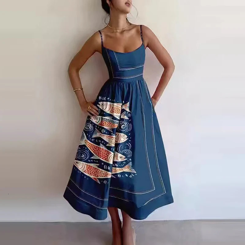 Summer Ethnic Style Women Dresses Casual Strap Off Shoulder Holiday Dress All Match Printed Tie-up Loose Pocket Maxi Dress 250407