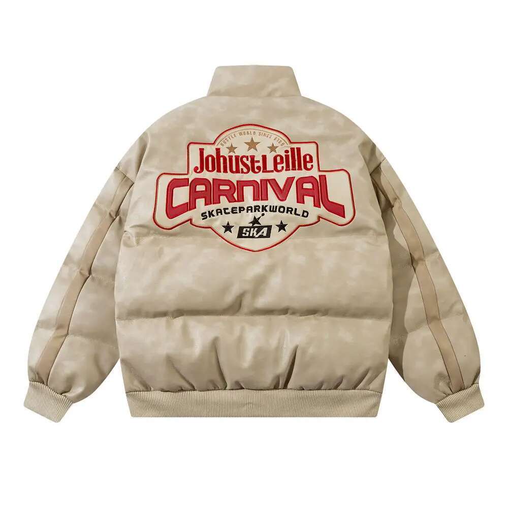 Spliced Patch Embroidery Padded Mens High Street Winter Thick Stand Collar Long Sleeve Leather Bread Jacket Men