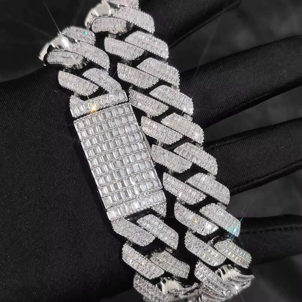 Customized 20mm 2 Rows Baguette CZ Zircon Iced Out Miami Cuban Link Chain Bracelet Bling Brass Hip Hop Jewelry Necklace