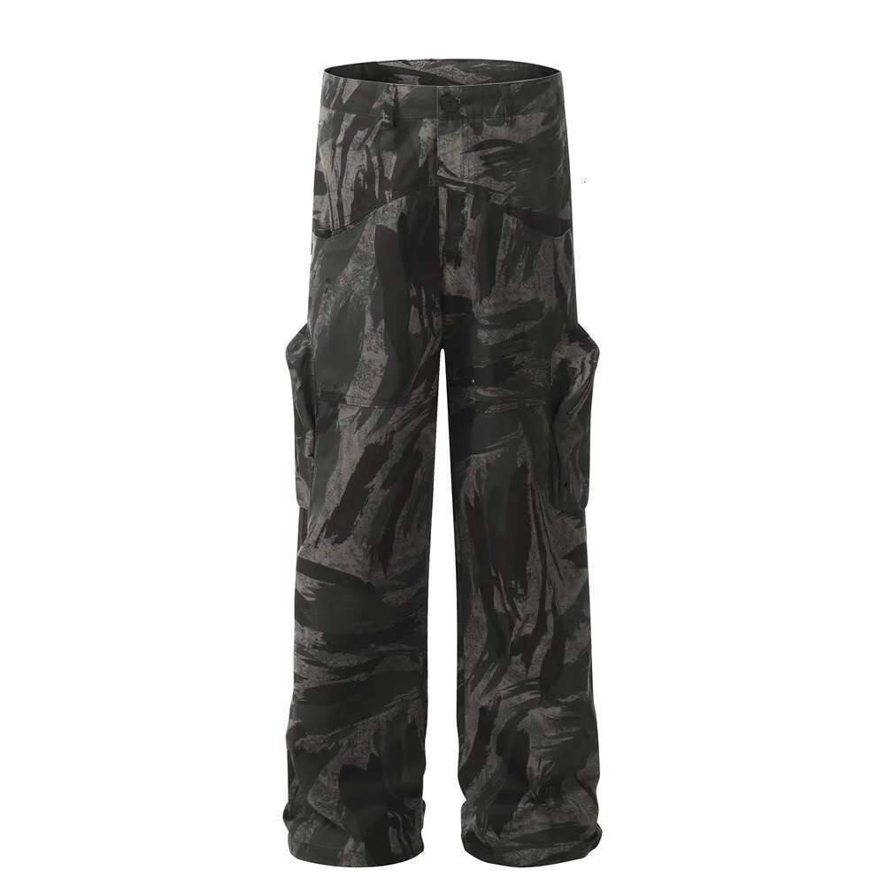 Ink Painting Camouflage Cargo Pants Mens High Street Spliced Pocket Loose Straight Wide Leg Trousers Men