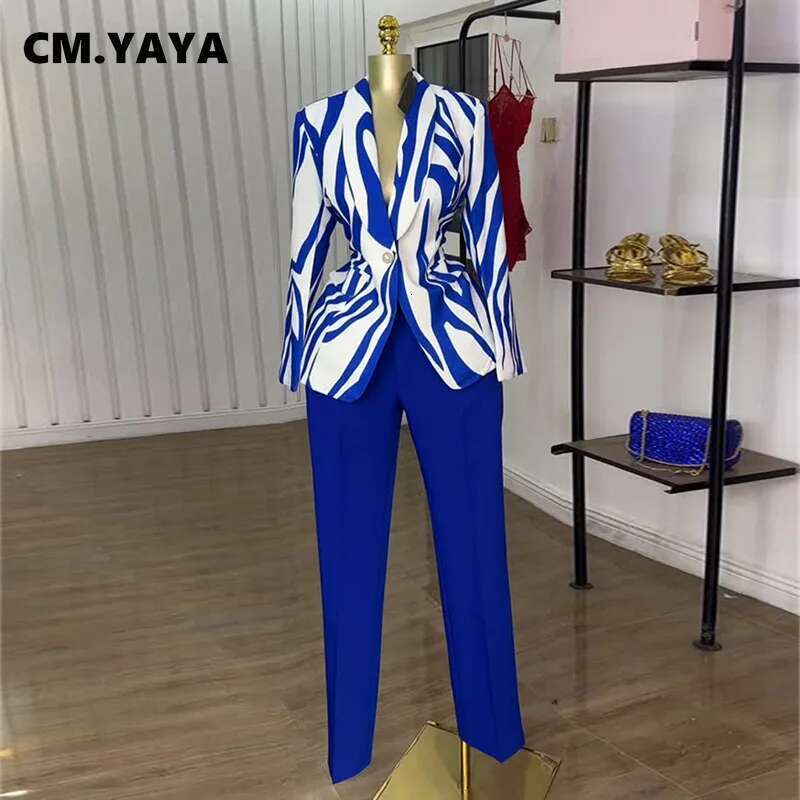 Cm.Yaya Fashion Women's Set Striped Long Sleeve Blazer Top And Straight Pants Suit 2025 OL Chic Two 2Piece Sets Outfit Tracksuit