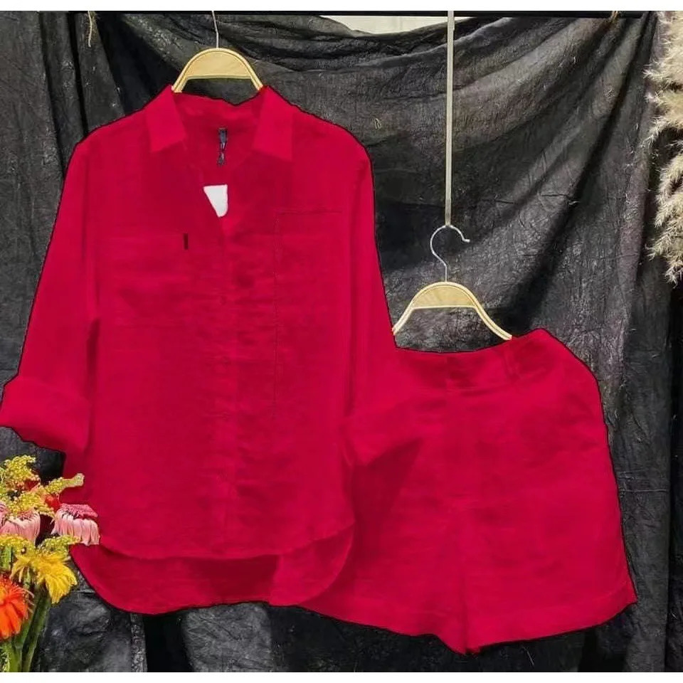 Fashion White Long Sleeve Shirt And Shorts Two Piece Sets Woman Spring Cotton Linen Casual Home 2 Piece Set For Women 250407