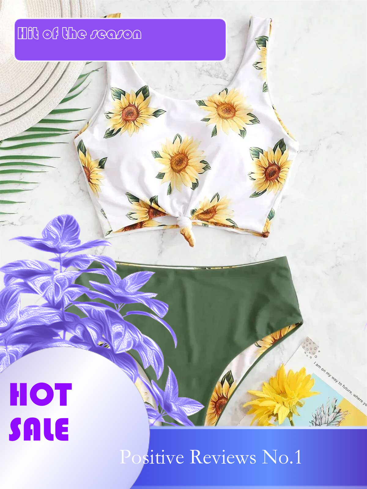 Dongdumaoyi Sexy Sunflower Print Bikini Set Push Up Crop Top Reversible Micro Swimwear Women Front Tie Bathing Suit High Waist Swimsuit