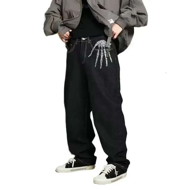 Skeleton Hand Embroidery Denim Mens High Street Wide Leg Pants Streetwear Loose Casual Trousers Jeans Men