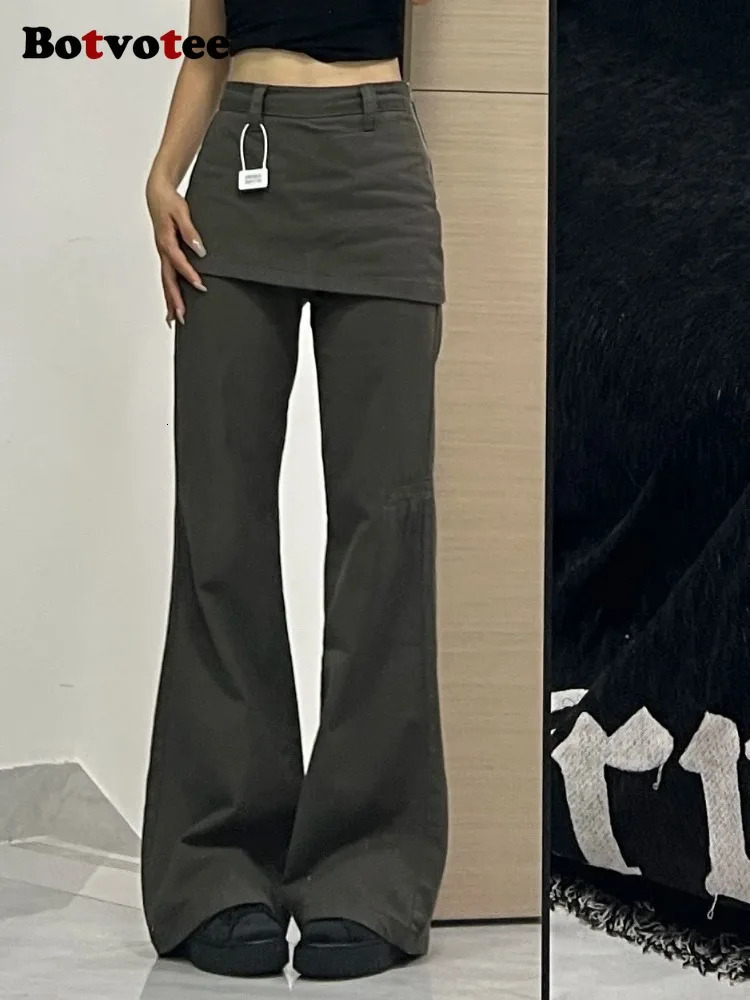 Botvotee Two Piece Plus Size Wide Leg Womens Jeans Y2k Street Clothing High Waist Flame Denim Pants 250407