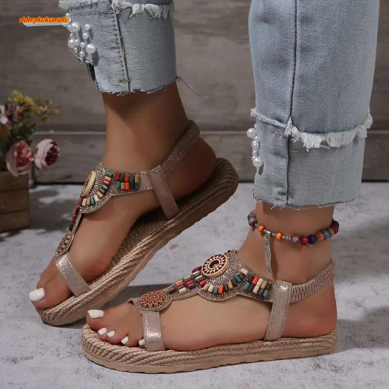 Summer 2025 New Large Flat Bottom wer Sandals Bare Toes Outer Wearing Boho Style Vacation Beach Shoes for Women ddmykukumalu