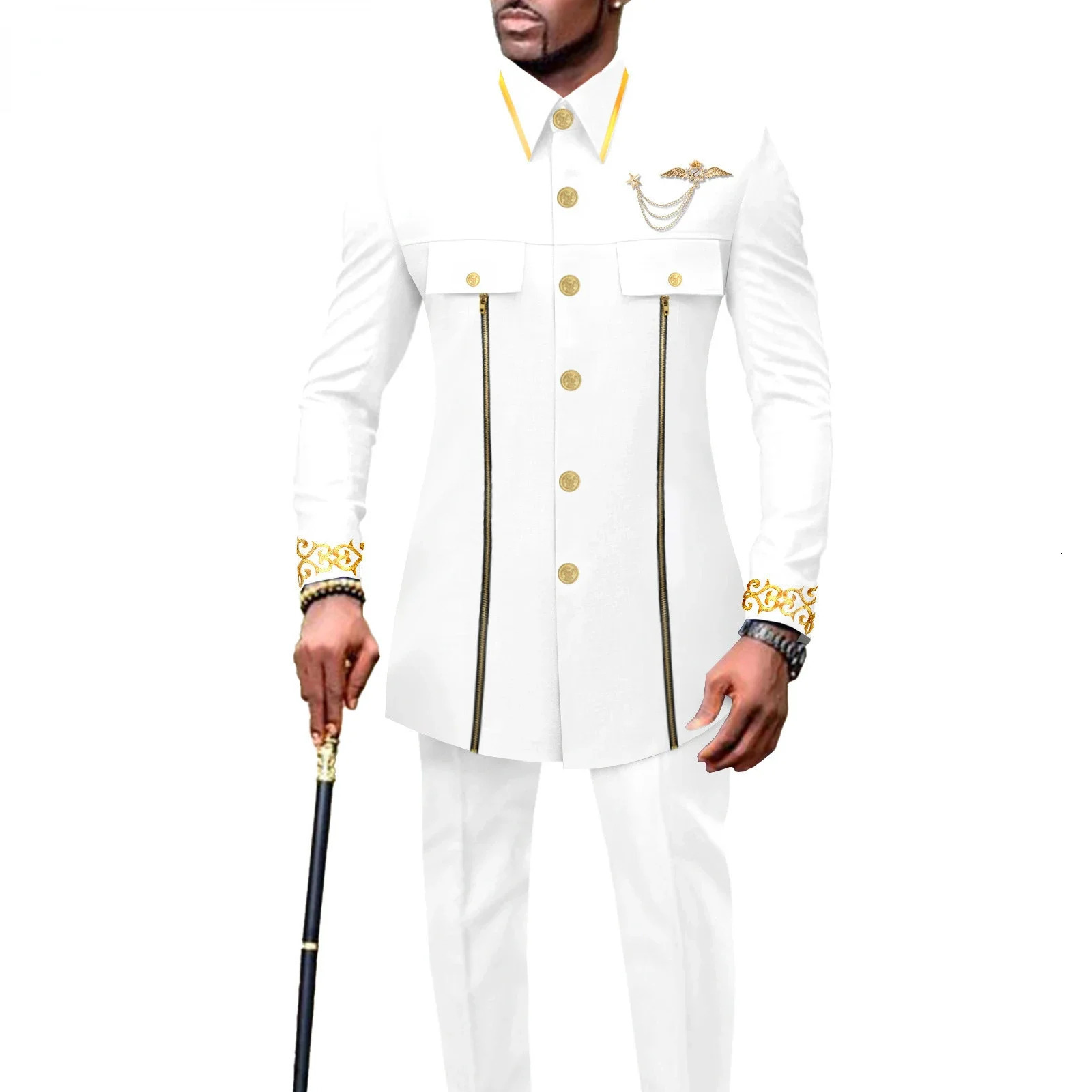 fashion casual African ethnic pure color cotton mens embroidered jacketpants 2 sets of fun suit 250408