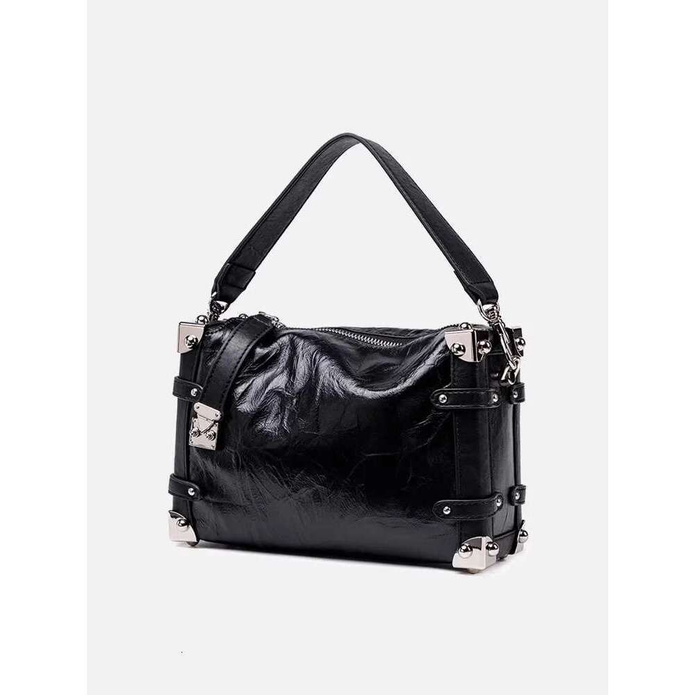 Women's Bags Fashion Women Metal Rivets Party Totes Handbag Cowhide Genuine Leather Shoulder Bags New Designer Strap Crossbody Bag Pouch Flap