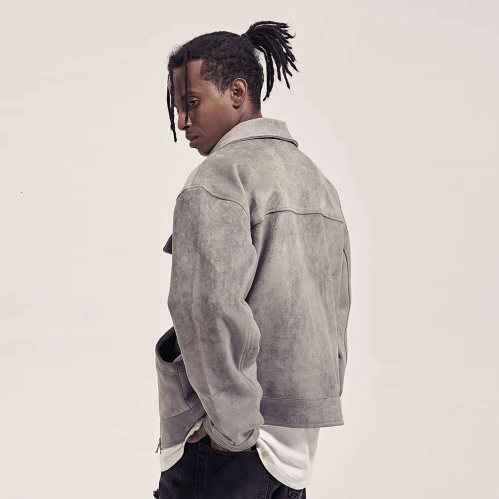 Multi-Pocket Suede Jacket Mens Autumn Winter Retro Solid Color Lapel Loose Casual Long Sleeve Zipper Outerwear Men