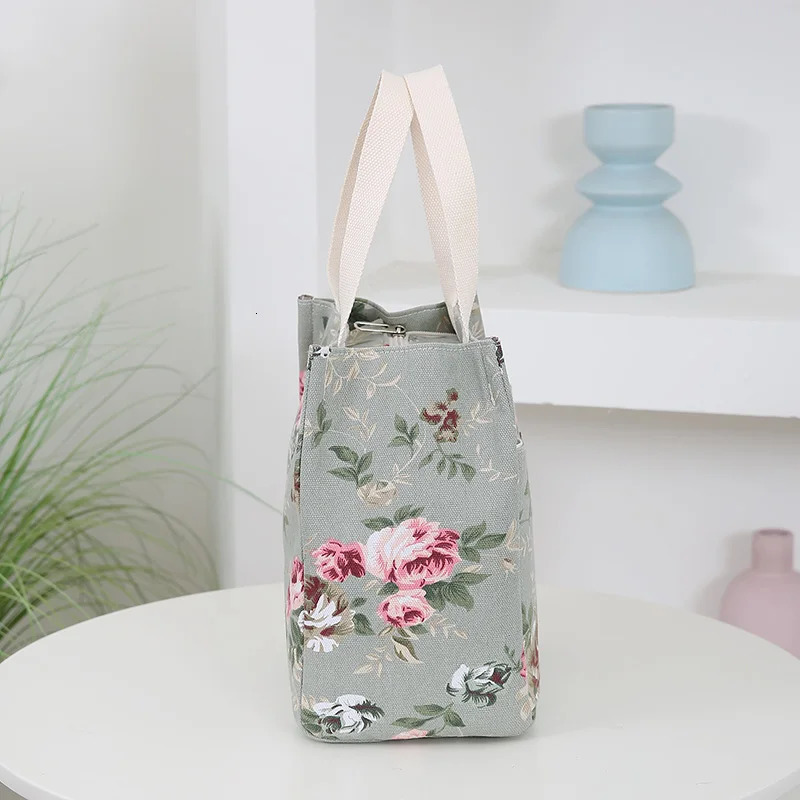 canvas flower printed fabric handbag work portable multi-pocket zipper semi-closed daily clutter storage bag bento bag 250408