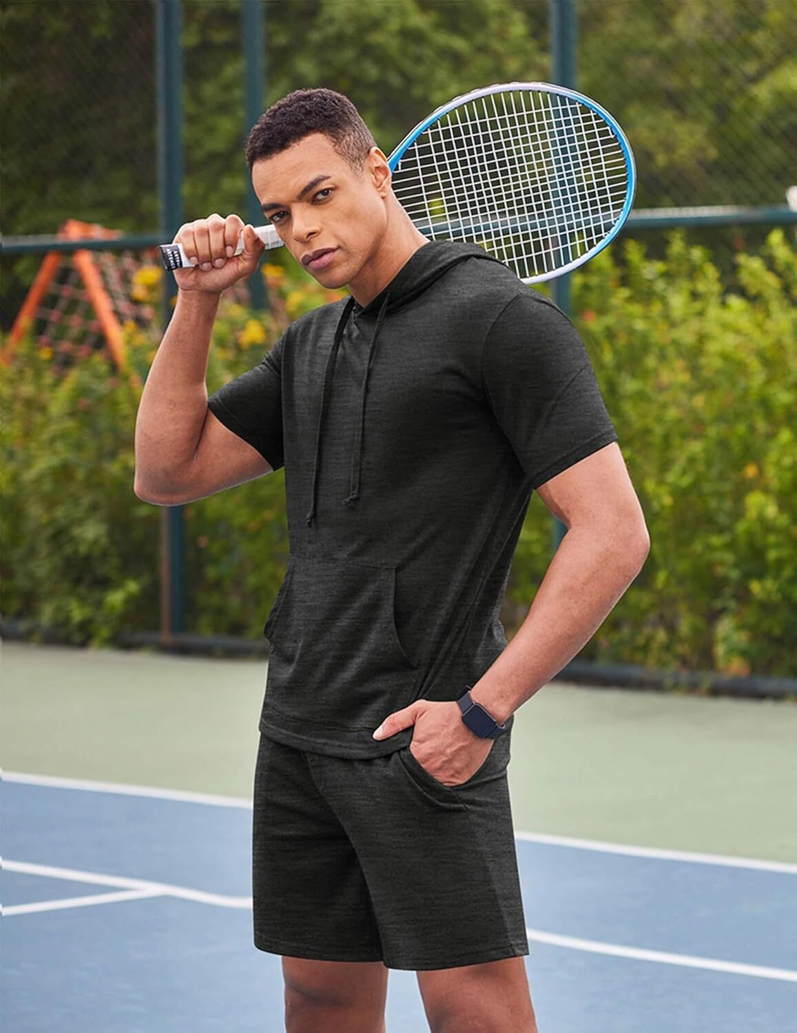 Men's 2-piece clothing short sleeved casual sports hooded sweatshirt shorts set