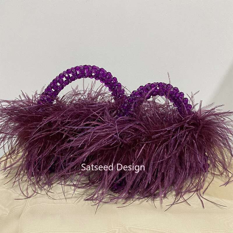 2Size Acrylic Bead Evening Bag With Ostrich Feather Fur Designer Brand Clear Tote Handbag Women Party Purse Handmade