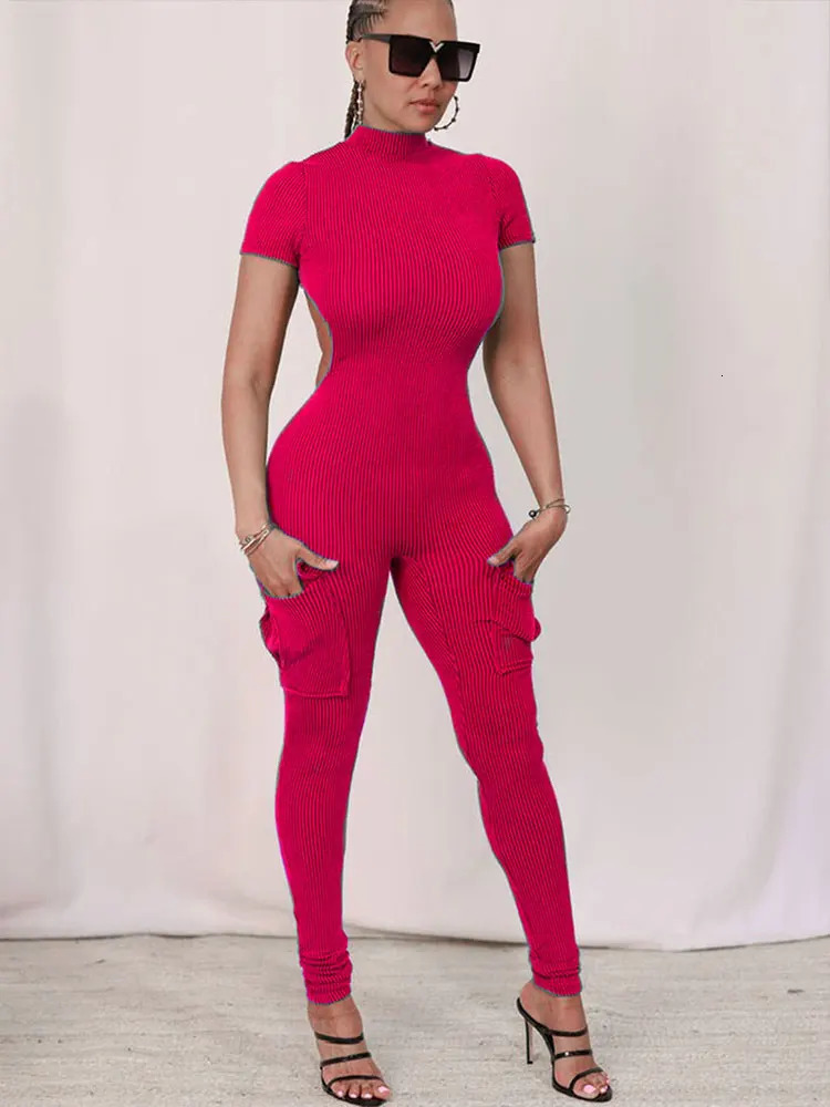 Womens Jumpsuits Sexy Sweet Pink Hollow Out Jumpsuit Streetwear Fashion Pockets Short Sleeve Lady Elegant Rompers Clothing 250407