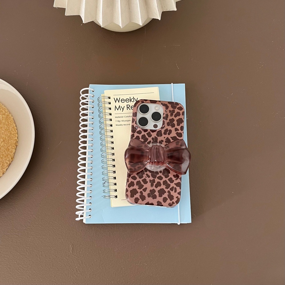 Full Edge Leopard Print Bow Stand Phone Case Compatible with iPhone 17/16 Pro Max Personalized iPhone 15/14