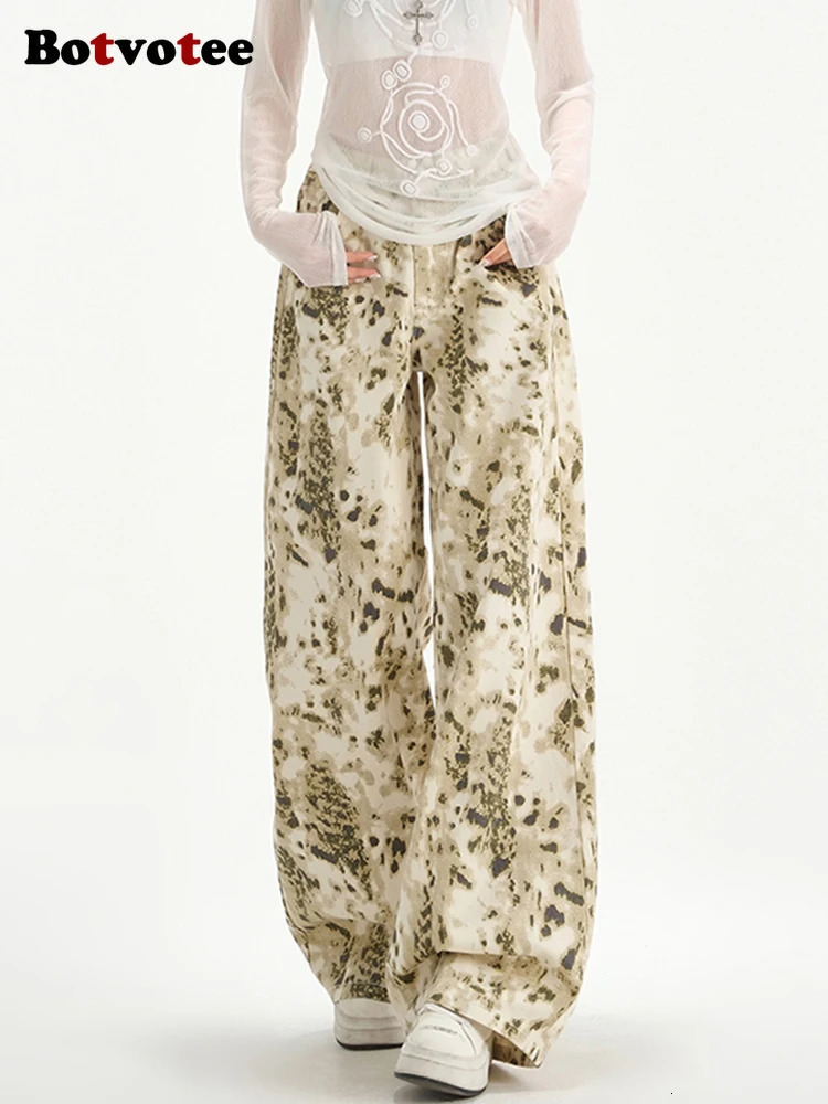 Botvotee Y2k womens leopard print jeans beige wide leg straight high waist denim pants streetwear fashion 250407