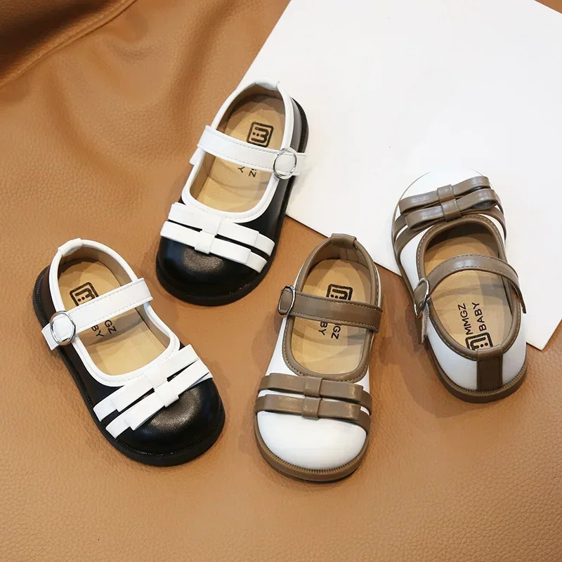 British style womens leather shoes cute double bow tie Lolita shoes childrens wedding beautiful baby girl Mary Jane shoes H07061 250408