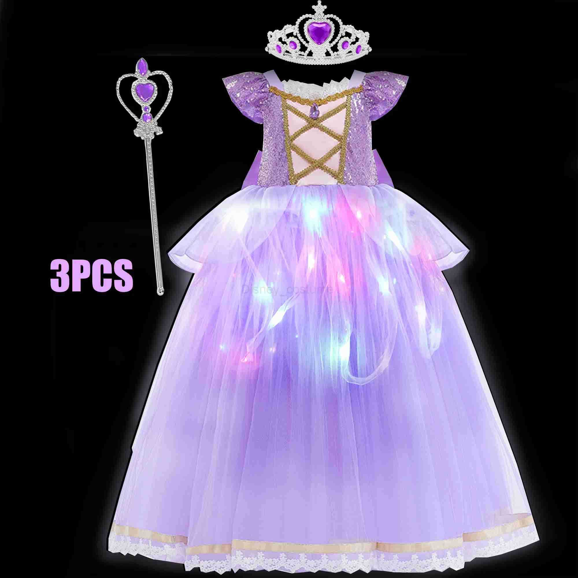 Disney Girls Princess Costume Purple Rapunzel LED Light Up 2PCS Dress Fancy Birthday Carnival Party Elegant Children Clothing Halloween X250408