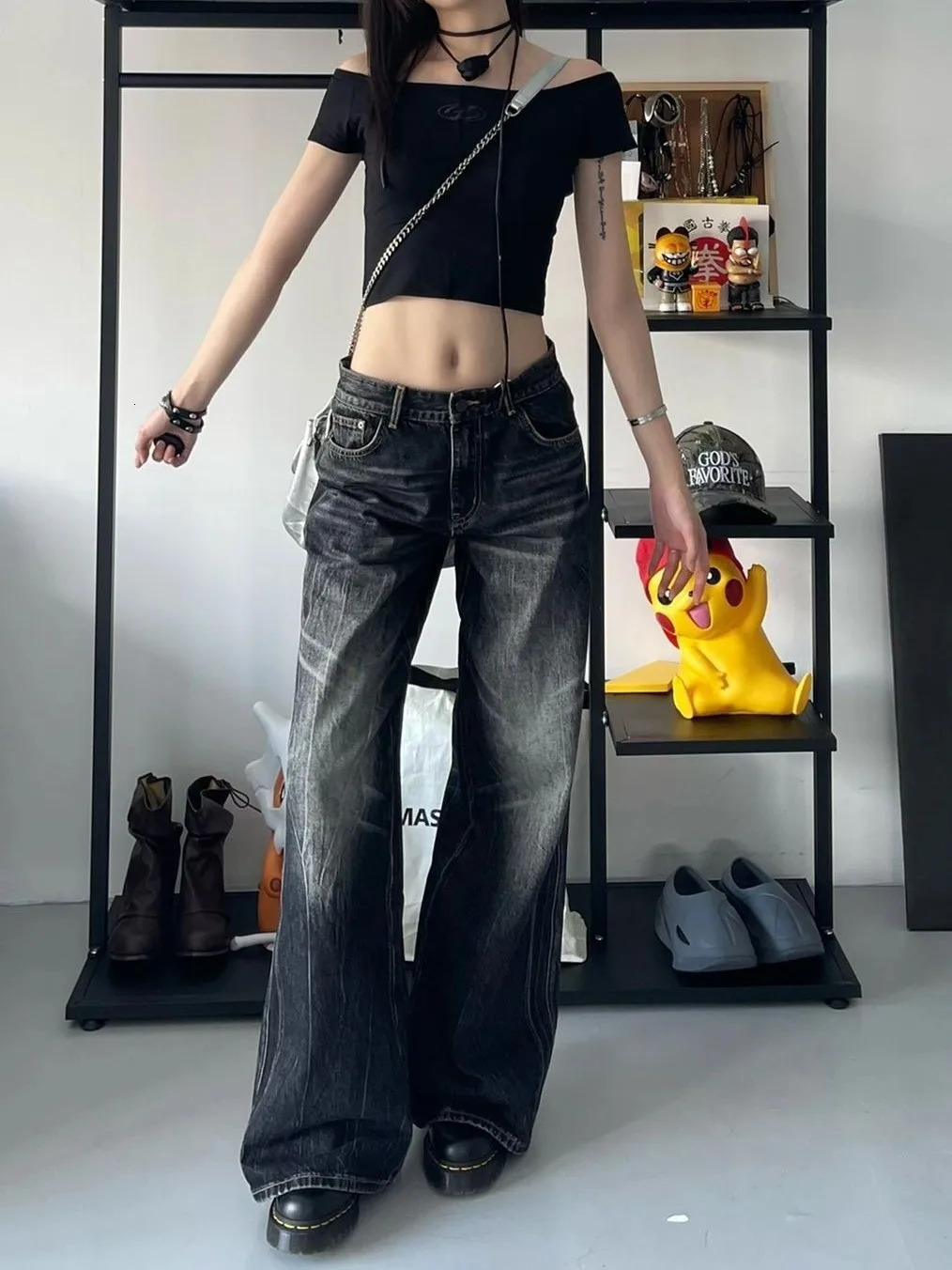 Home>Products>American Womens High Waist Wide Leg Jeans>Fashionable Loose Pocket Jeans>Y2K 2000s Trousers 250407