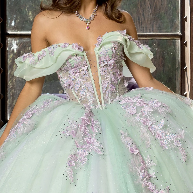 Green Quinceanera Dresses Off Shoulder Ball Gown Sweet 16 Dress Applique Bow Beads Tull Corset Birthday Party Vestidos 15 De Anos