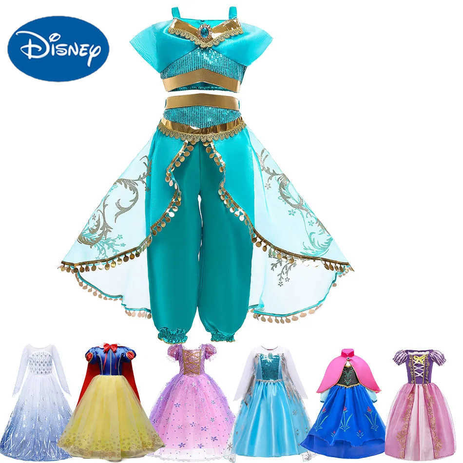 Disney Girl Jasmine Princess Dress Child Elsa Anna Bella Long Haired Princess Mermaid Dress Child Snow White Cinderella Aurora Dress X250408