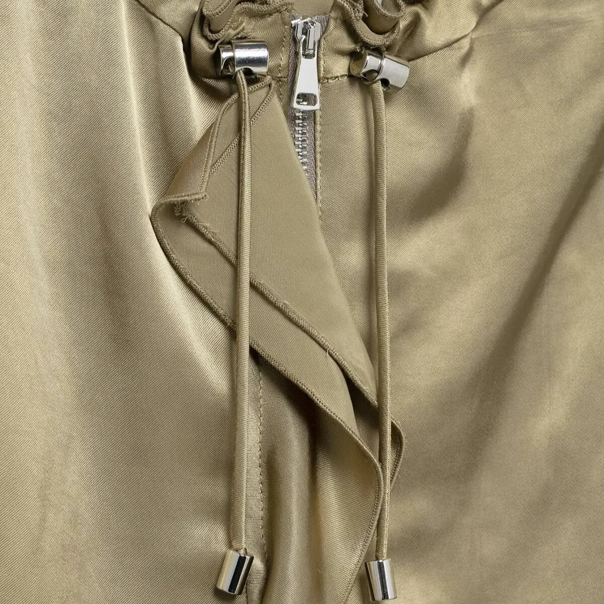 ZBZA Womens Satin Ruffle Jacket Round Neck Long Sleeve Drawstring Necklace Front Zipper Top SpringSummer Fashion 250407