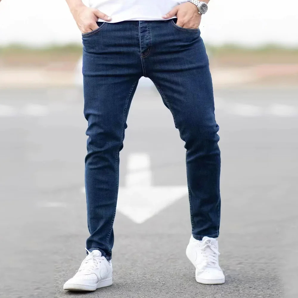 Spring mens black and blue pants solid color elastic jeans street casual slim fit tight 250408
