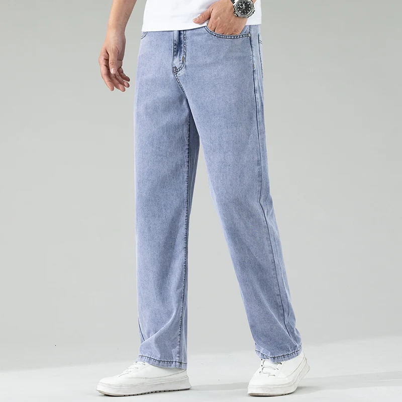 Summer thin Lyocell mens black jeans loose straight soft silk casual elastic wide leg Trousers 250401