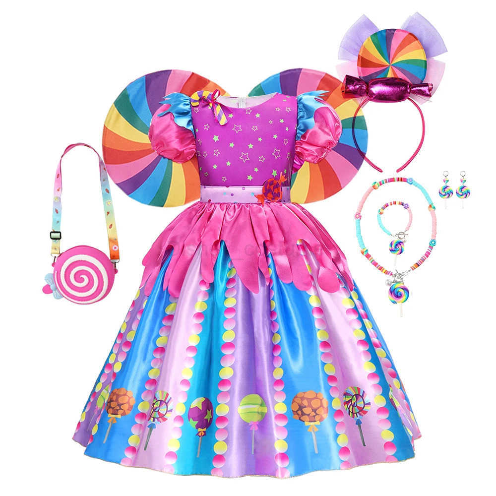 Disney Rainbow Lollipop Girls Dress Sweet Purim Festival Celebrate Costume Fancy Carnival Children Vestidos Princess Cosplay Outfits X250408