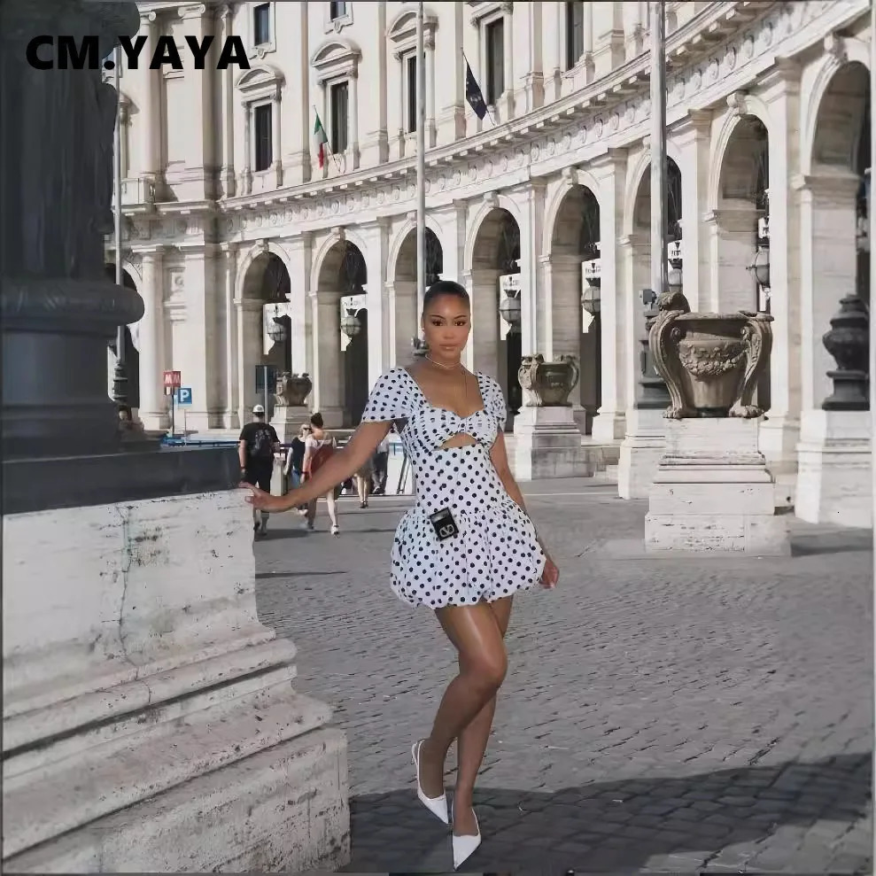 CM.YAYA Women Dot Printed Draped Big Swing Waist Dress 2025 Short Sleeve Evening Sexy Club Party Evening High Street Dresses 250407