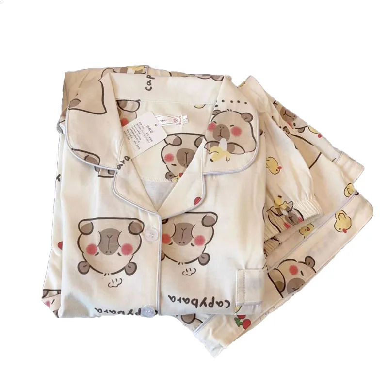 Capybara Girls Pajama Set 2025 Summer Children Cartoon Printed Lapel Short Sleeve Shorts 2pcs Air Conditioning Clothes Sleepwear 250408