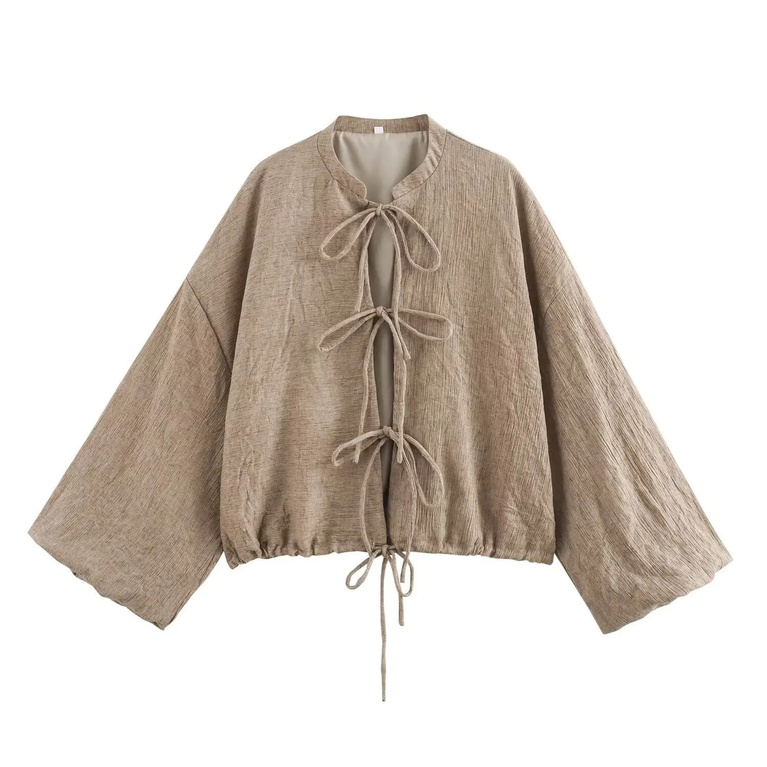 ZBZA Womens Wide Sleeve Tie Jacket Round Neck Long Single Top Spring and Summer Casual Chic Coat 250407