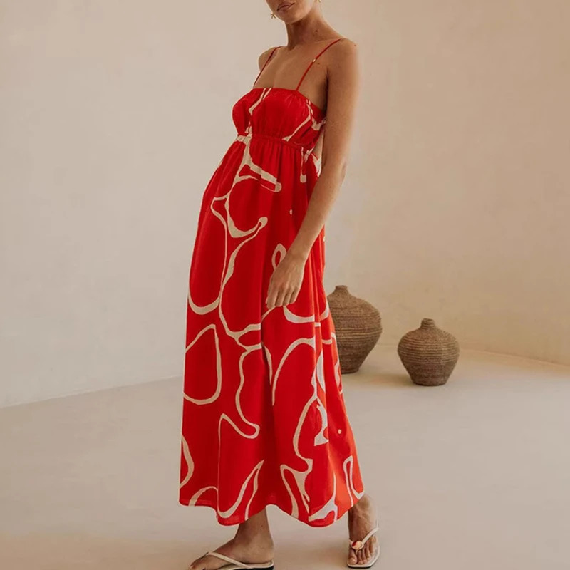 Casual pleated swaying womens summer floral print shoulder beach dress sexy hollow sleeveless high waisted long skirt 250401