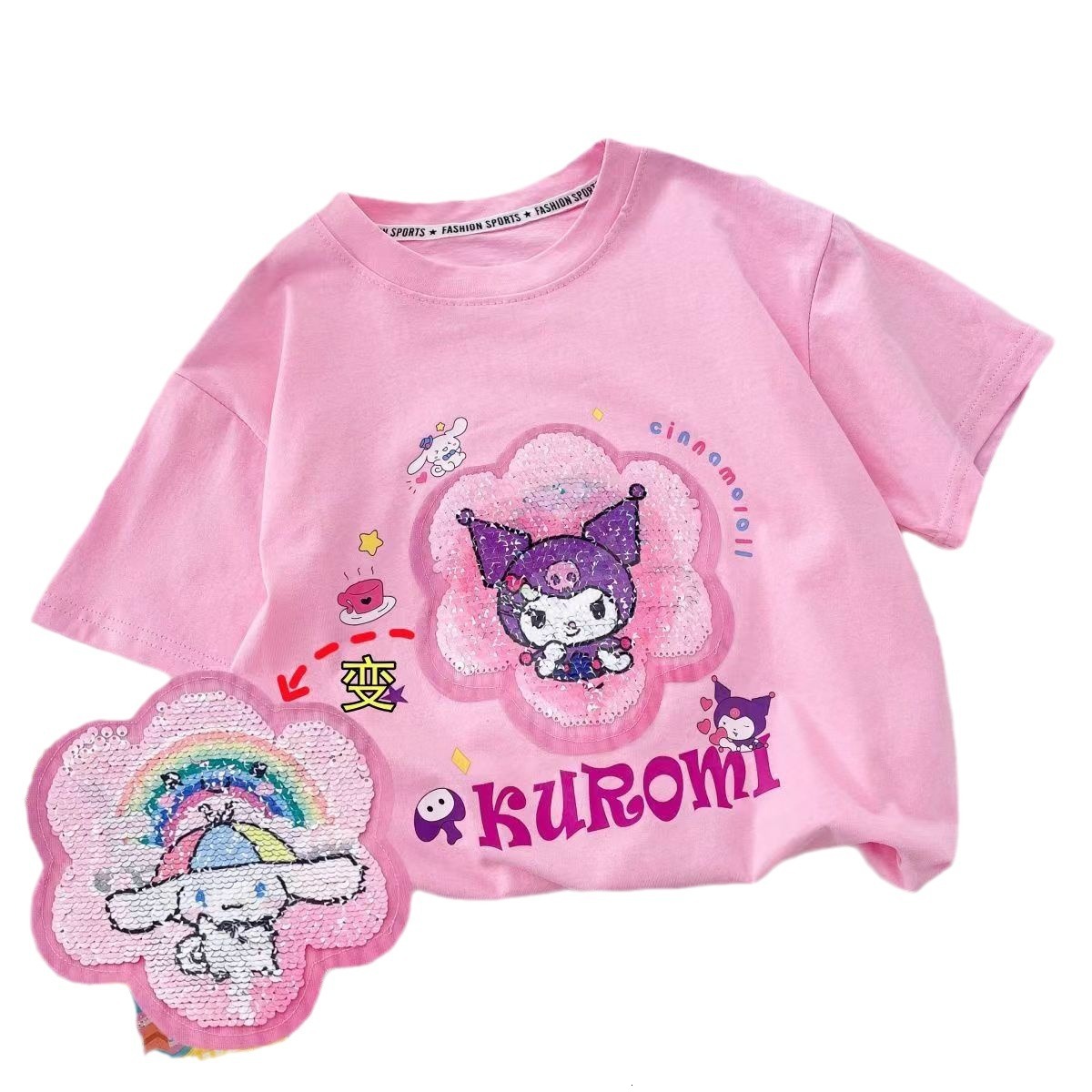 Ddmyshoesvip Short Sleeved Korean T Shirt Summer New Yugui Dog Color Change Kuromi Glitter Girls Internet Celebrity Top