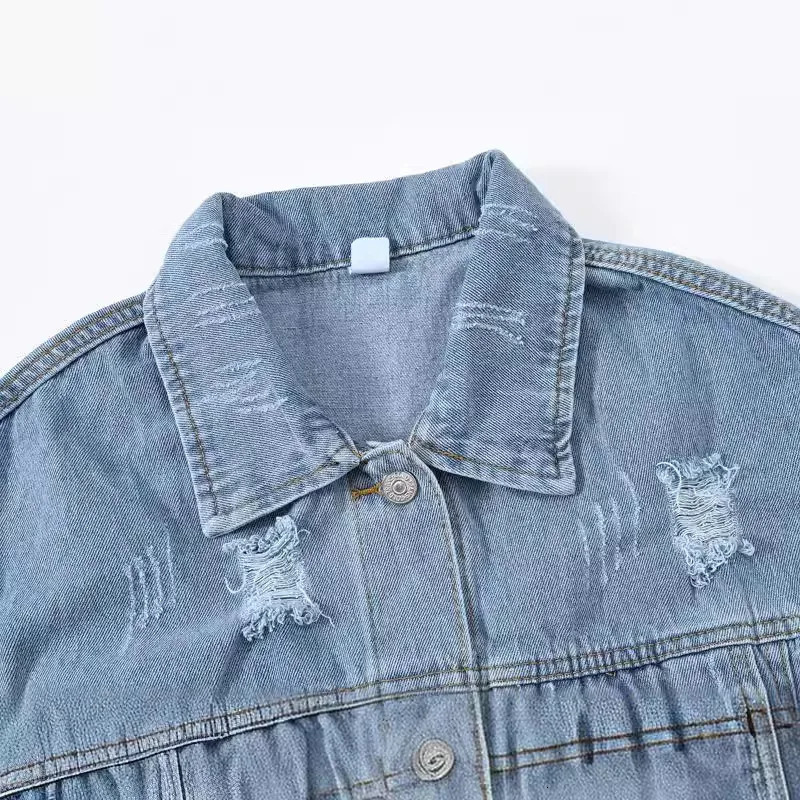 Denim jacket womens single chest blue hole lapel Y2k streetwear spring patchwork autumn 250407
