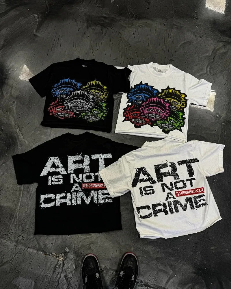 American Gothic trend cartoon pattern oversized short sleeved Tshirt mens Y2K street Harajuku casual loose couple top 250408Z