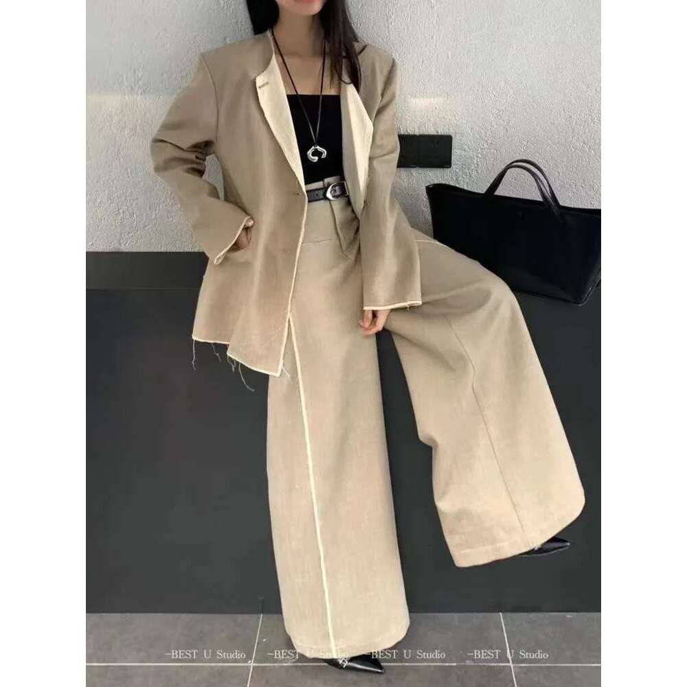 BJTZ 2025 Women's Solid Color Design Lapel Do Old Retro Suit High Quality Loose Straight Pants Two-Piece Set