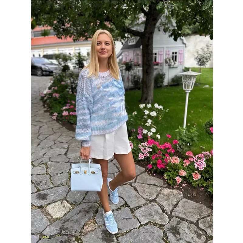 Elegant Versatile Womens Knit Sweater Top Soft Supple Striped Design Autumn Winter Warm Comfortable Crew Neck Pullover