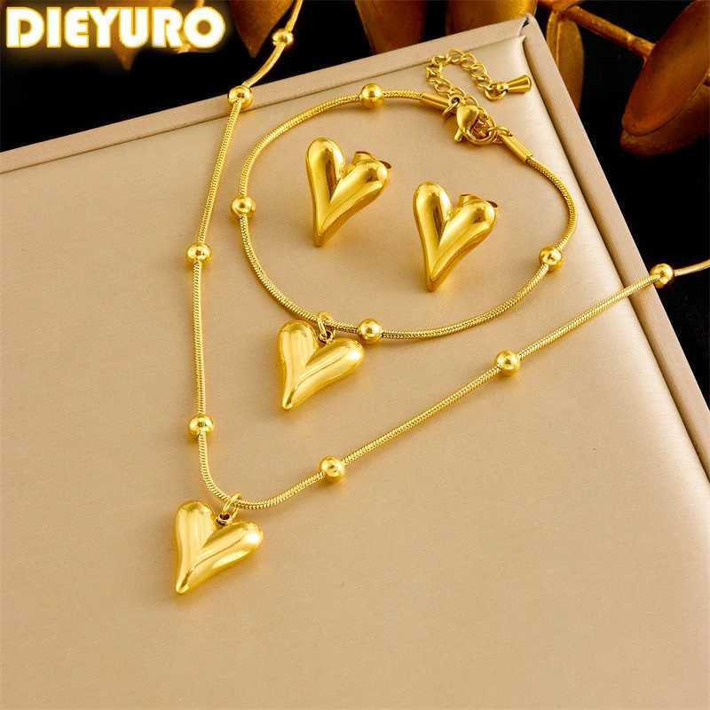 DIEYURO 316L stainless steel simple and elegant heart-shaped necklace bracelet set for womens new trend love series jewelry gift set Y250408
