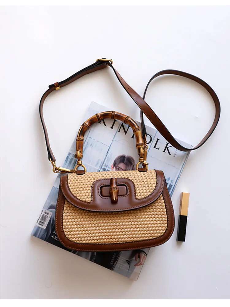 Genuine Leather Handbags For Women, Ladies Designer Handle Bags, Brandy Natural Bamboo Hand Bag, High Quality