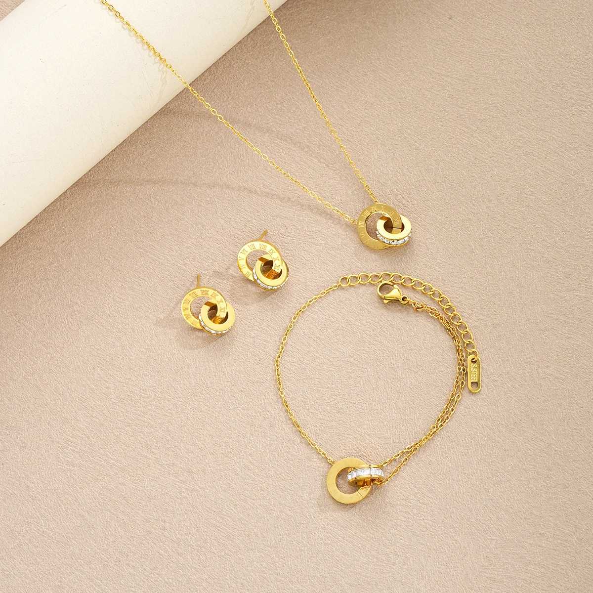 4-piece/set gold stainless steel crystal necklace bracelet earring suitable for womens interlocking rings Roman numeral jewelry set Y250408